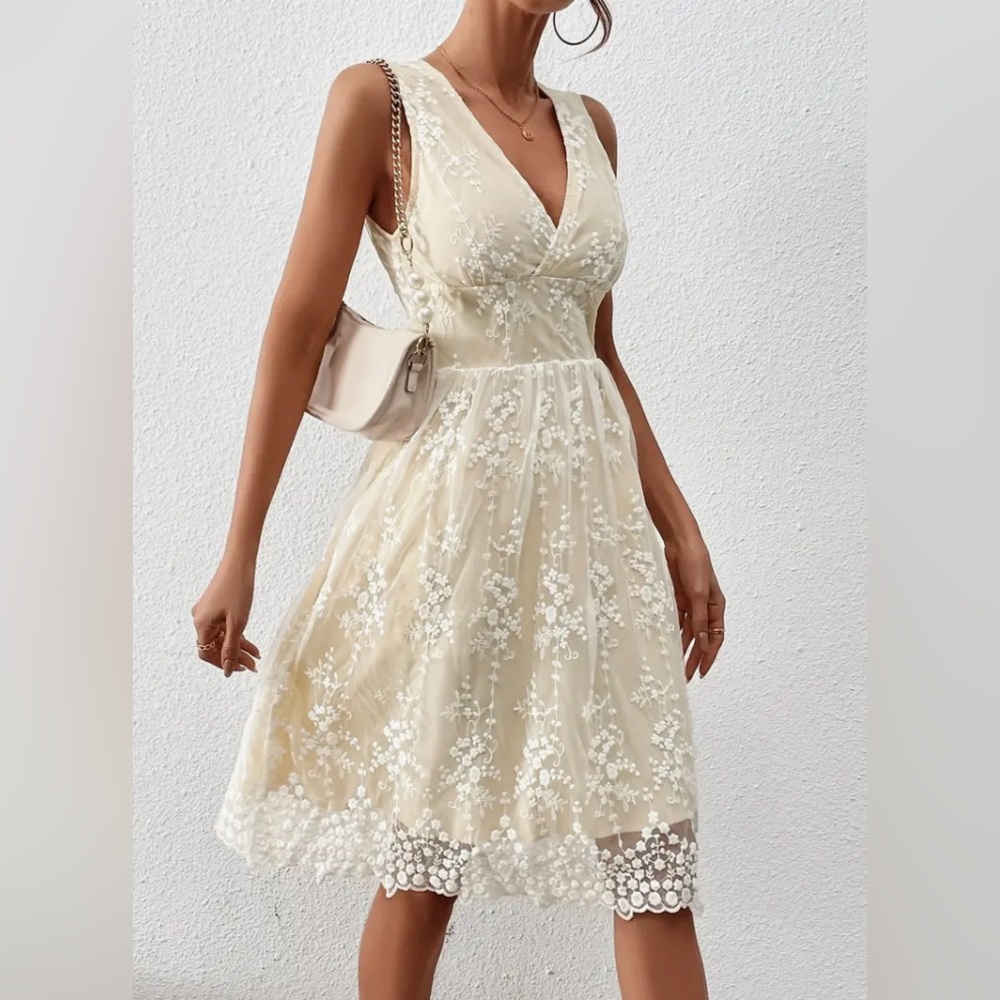 Solid Deep V Neck Sleeveless High Waist Lace Dress, Elegant Ruffled Hem Midi